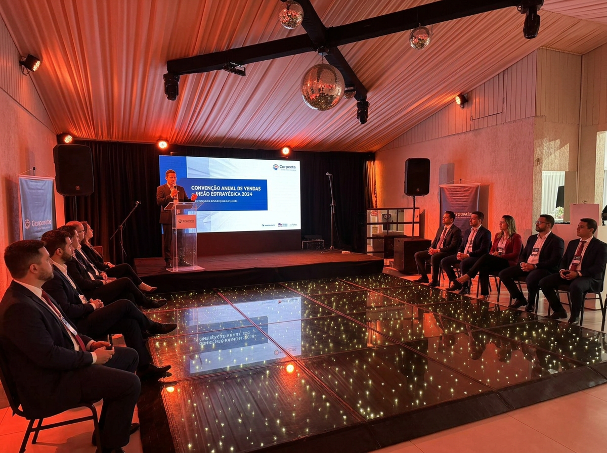 Evento corporativo no salão com projeção e mesas redondas