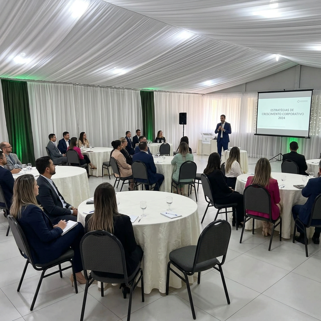Palestra corporativa no salão com telão e mesas redondas